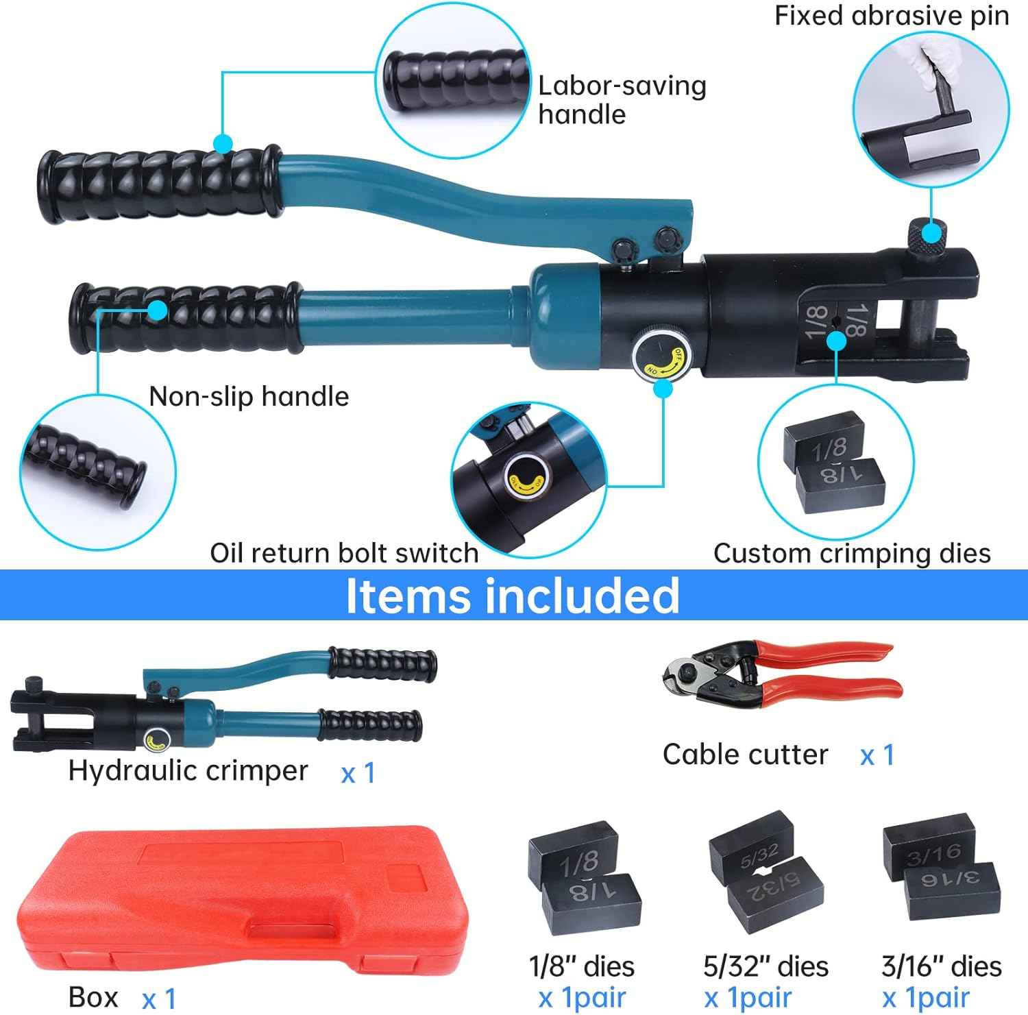 Hydraulic Crimping Tool for Stainless Steel Cable Railing - Muzata Custom Cable Swaging Kit with Wire Cutter (1/8", 5/32", 3/16")