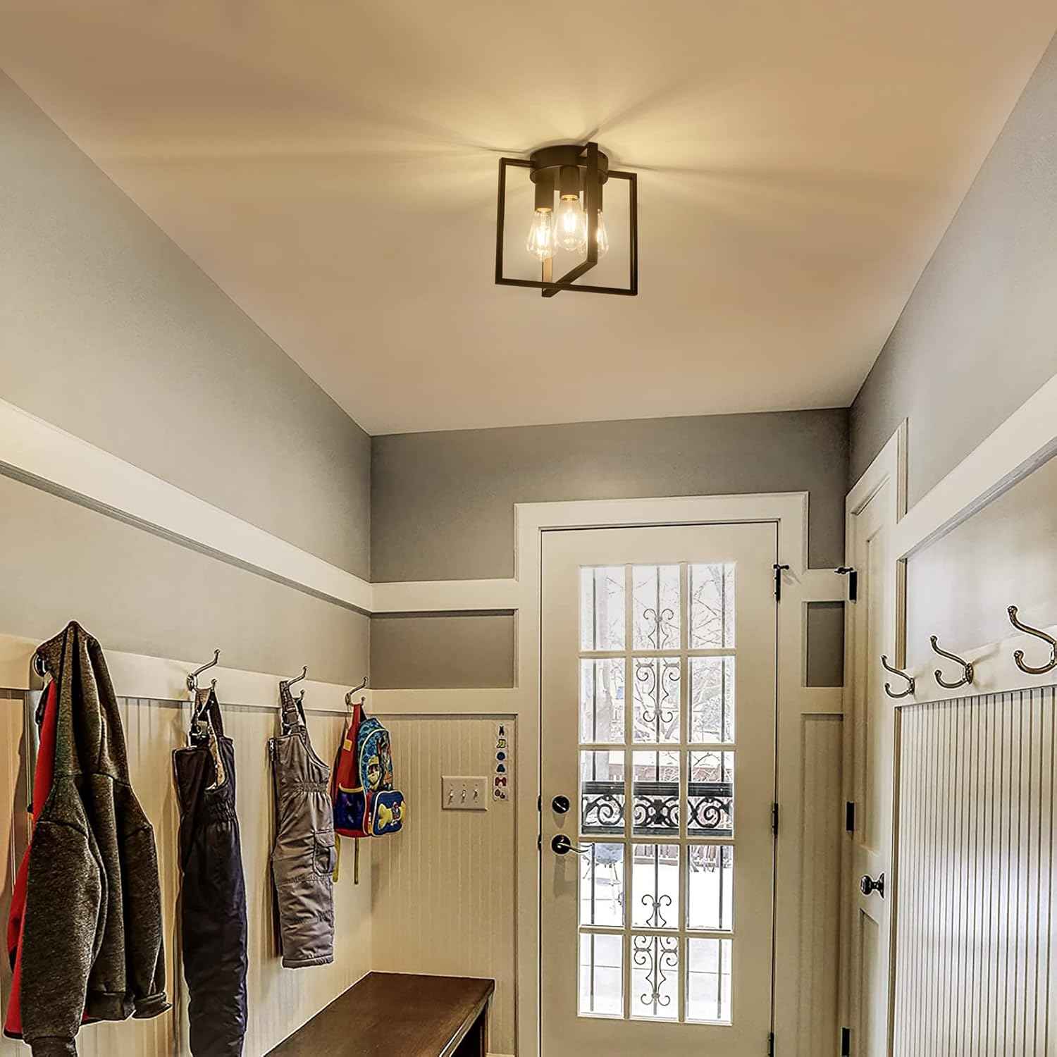 Brushed Nickel 3-Light Flush Mount Ceiling Light Fixture - Modern Geometric Design for Living Room, Kitchen, Dining Room, and Hallways