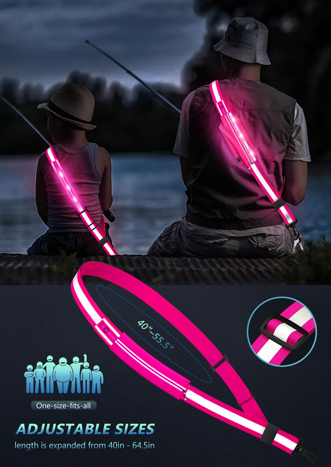 Fokia Kunbio LED Reflective Belt Sash for Walking at Night, Night Running Safety Gear High Visibility Rechargeable LED Light Up Running Belt for Runners Walkers Men Women(Pink)