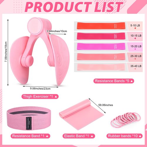 Halloscume 15 pcs Pilates Kit for Women Home Pilates Yoga Fitness Set with Pelvic Floor Trainer 5 Resistance Band Stretching Strap Non Slip Sock Ball Wristband Headband Gym Bag (Pink)