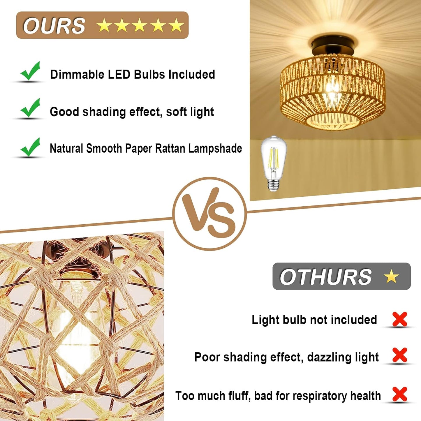 Boho Rattan Chandelier Ceiling Light Fixture with Dimmable LED Bulb - Hand Woven Flush Mount for Hallway, Bedroom, Kitchen & Living Room