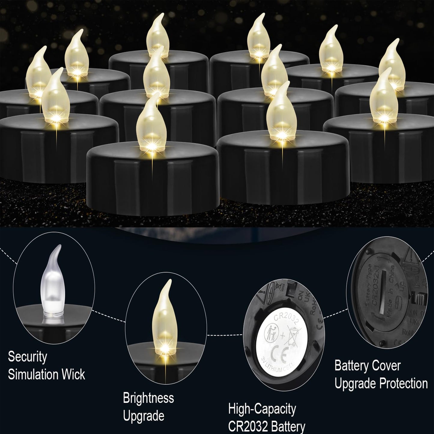 MINXIN Battery Operated Tea Lights Candles: 24 Pack Realistic and Bright Flickering Holiday Gift Flameless Candles LED Electric Tea Candles for Seasonal & Festival Party Home Decoration Black