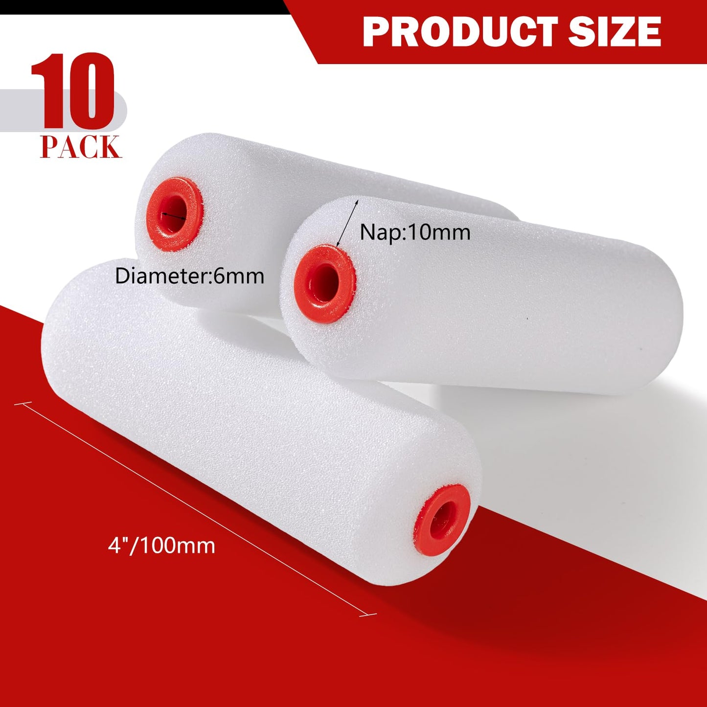 Mister Rui 4" Foam Paint Roller Covers 10-Pack, 50kg/m³ High Density - Washable & Reusable for Smooth Finish on Furniture, Cabinets, DIY Projects