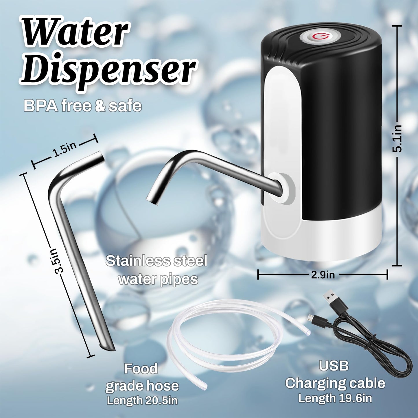 Water Table Pump, Portability Electric Water Pump with USB Data Cable,Black Automatic Drinking Water Bottle Pump for Travel, Kitchen, Home, Office