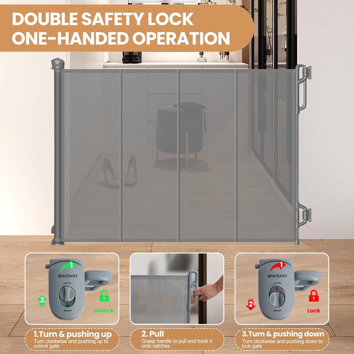 Retractable Baby Gate - Reinforced Mesh Child Safety Gate for Doorways & Stairs, 33.5" Tall, Fits Openings up to 55" - Gray