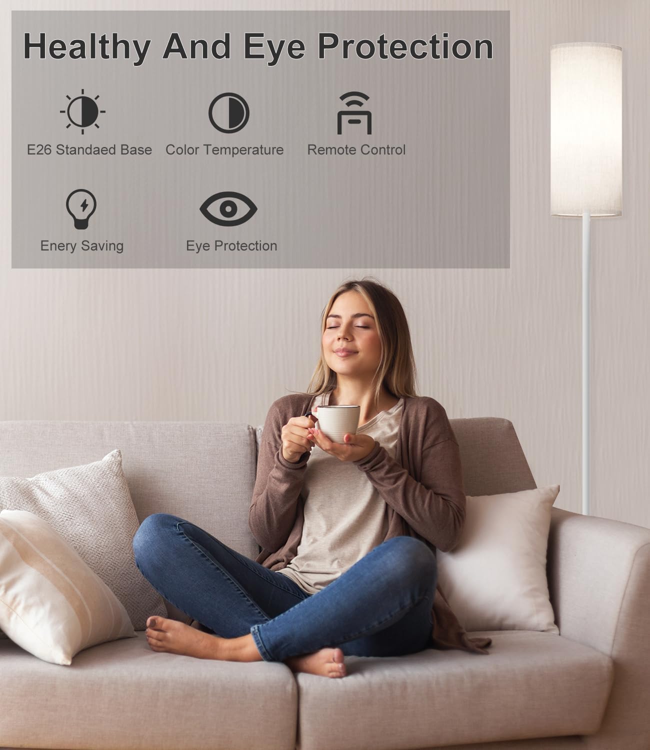 LED Floor Lamp with Remote & Dimmable Feature - Modern Gold Standing Lamp for Living Room & Bedroom