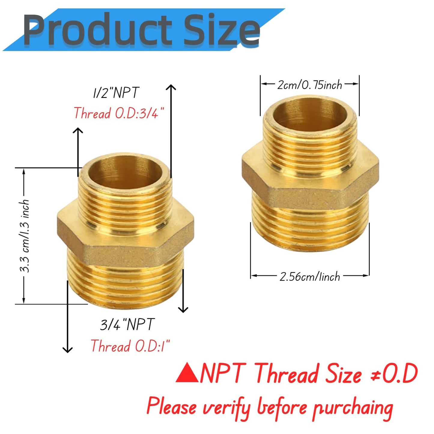 3pcs 3/4'' NPT x 1/2'' NPT Brass Hex Nipple,Brass Reducer 3/4 to 1/2 Adapter Pipe Fitting Reducing Solid Hex Nipple,3/4 male to 1/2 male Reducer Pipe Fitting for Connect Gas Water Pipe Systems