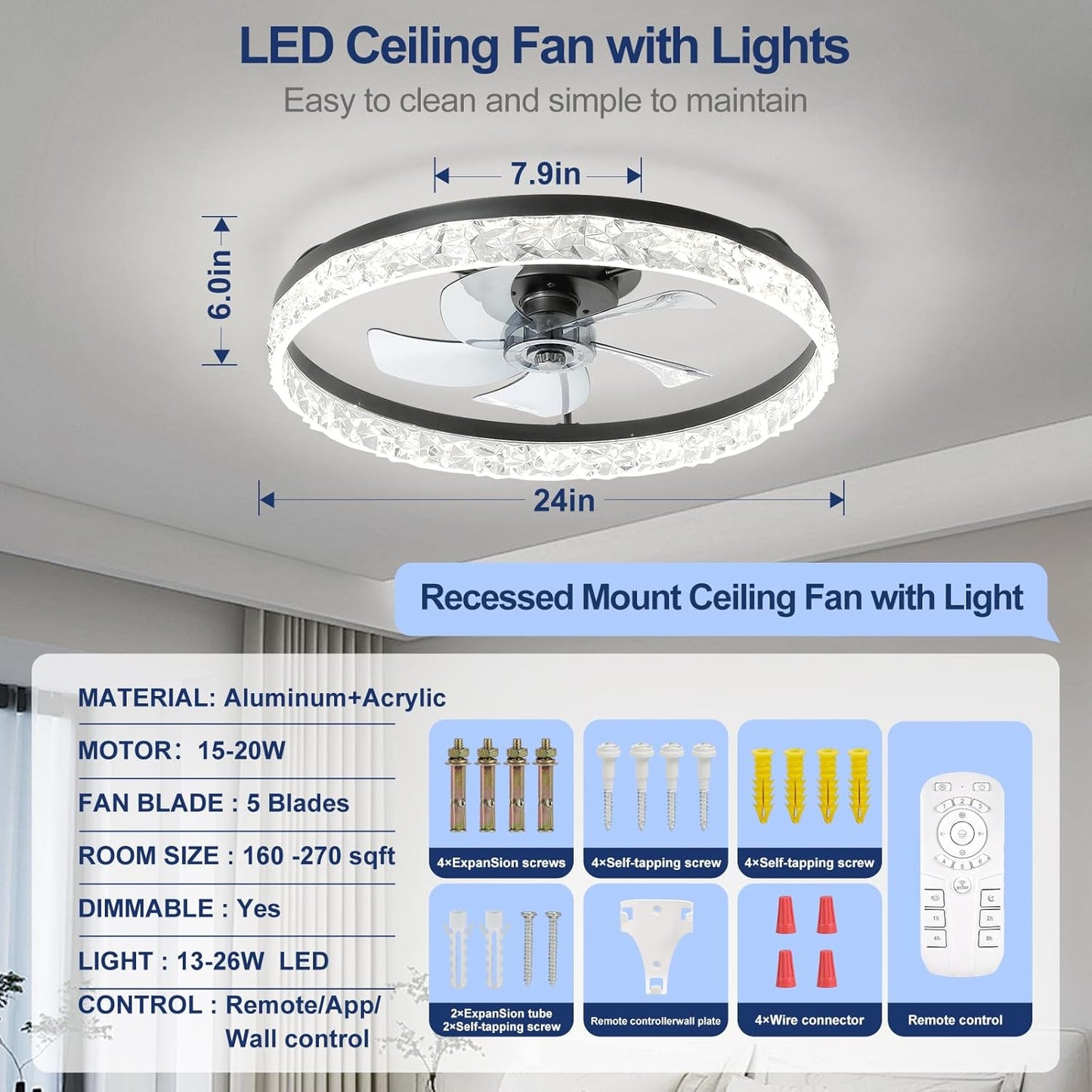 Flush Mount Ceiling Fan with Lights & Remote - 6 Speed Low Profile for Bedroom & Small Rooms