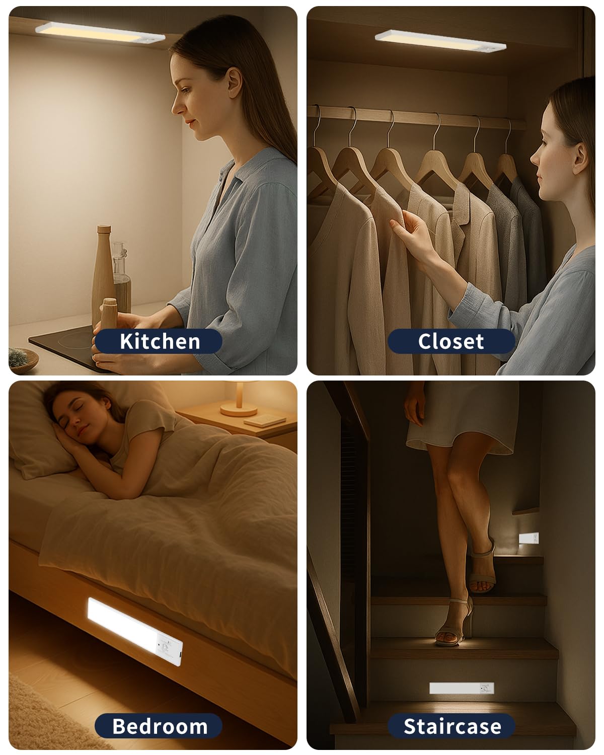 FBY Under Cabinet Lighting,1800mAh USB Rechargeable Closet Light, 8-Inch LED Motion Sensor Indoor, 3-Level Adjustable Brightness and 3 Color Temperature Options (3Pack)