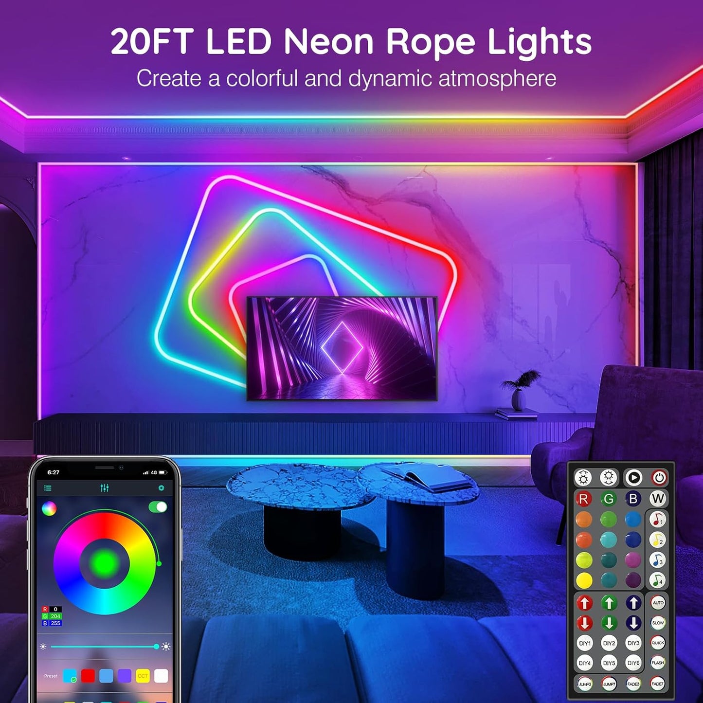50FT LED Neon Rope Lights - App/Remote Control, Waterproof RGB Strip for Outdoor & Bedroom Decor, Music Sync & Multiple Modes