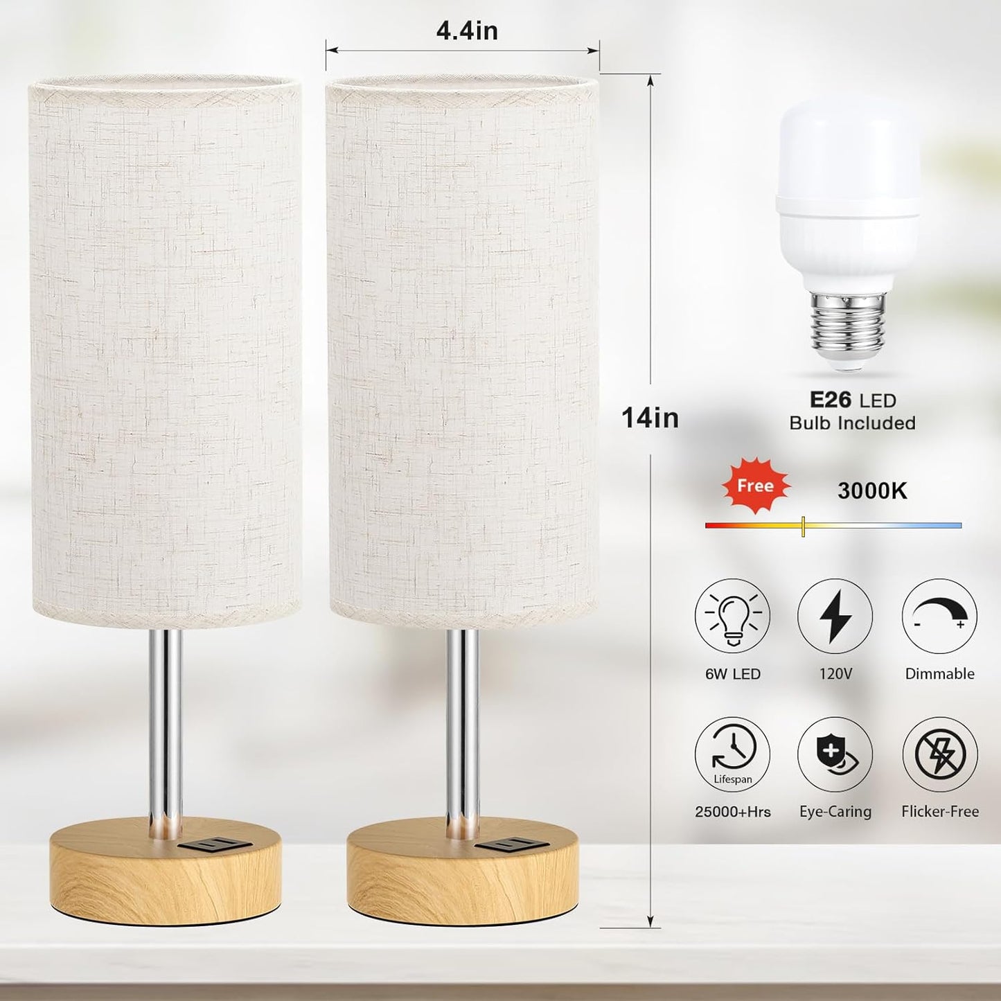 Touch Bedside Lamps Set of 2 - Dimmable Table Lamps with Wooden Charging Station for Bedroom & Kids Room