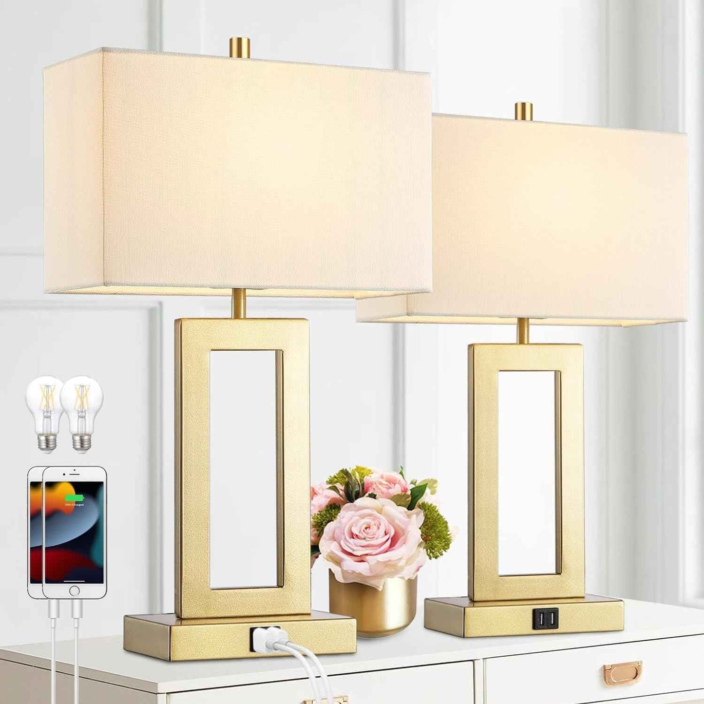 Gold Table Lamps Set of 2 - 3-Way Dimmable Touch Control with USB Ports, 22” Modern Design for Bedroom & Living Room
