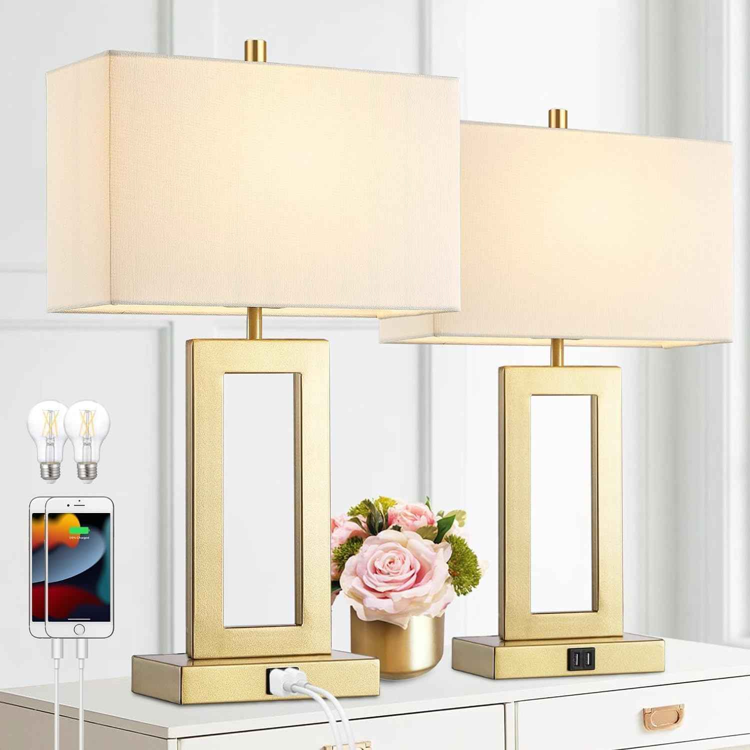 Gold Table Lamps Set of 2 - 3-Way Dimmable Touch Control with USB Ports, 22” Modern Design for Bedroom & Living Room