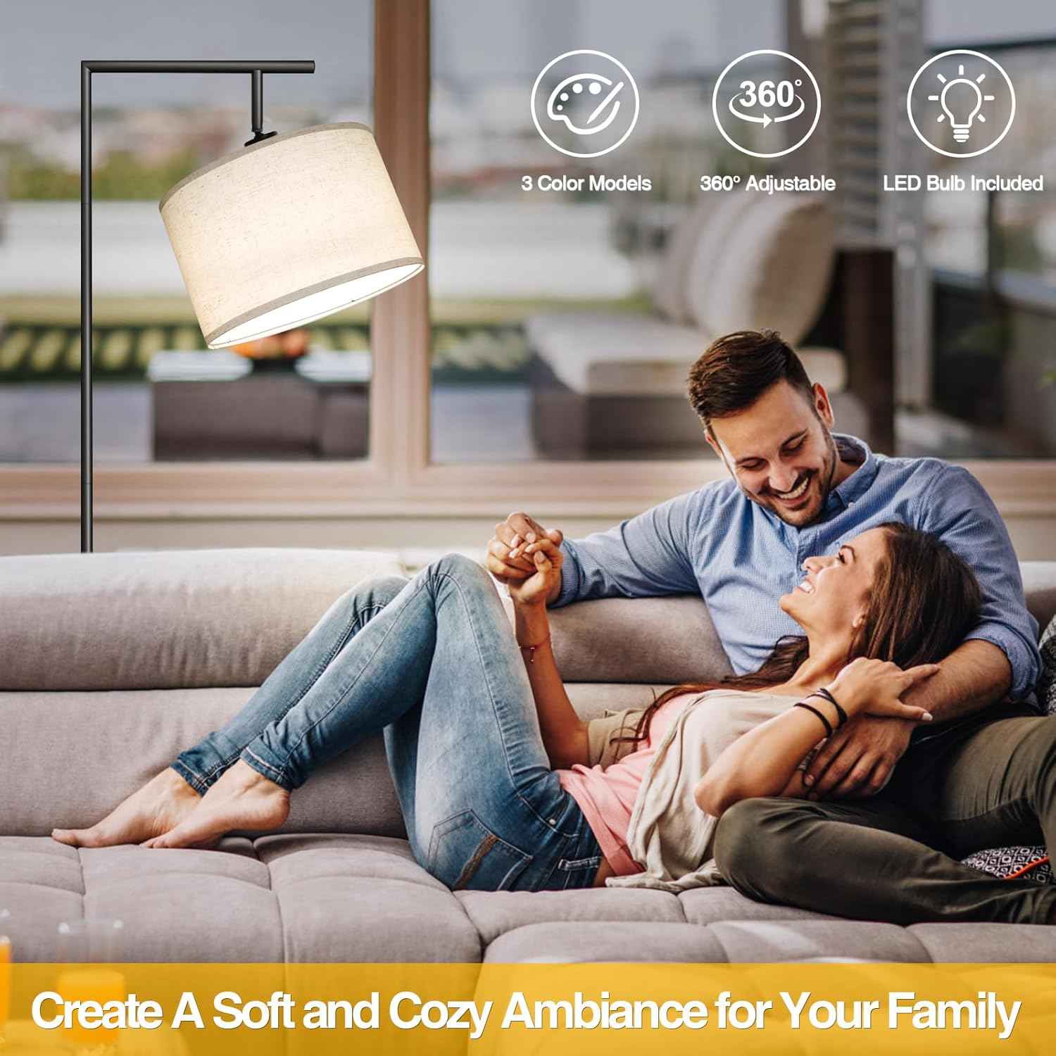 Adjustable Black Floor Lamp for Living Room - 3 Color Temperatures & Beige Linen Shade