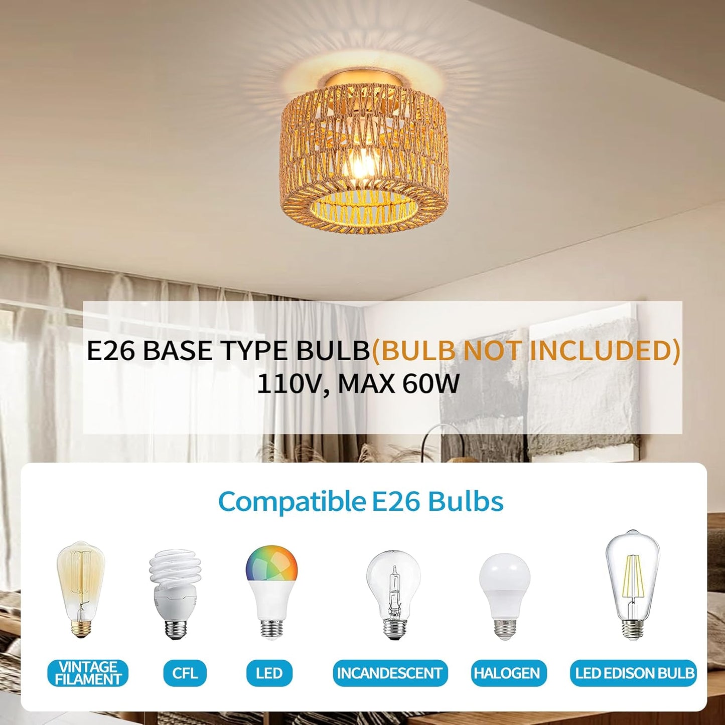 Bohemian Rattan Ceiling Light Fixture - 3-Light Woven Flush Mount for Bedroom & Living Room