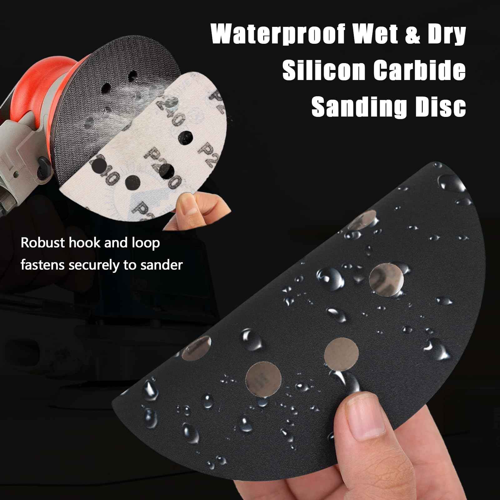 Akjwp 110PCS Wet Dry Sanding Discs, 5 Inch 8 Holes Hook and Loop Sandpaper 240 Grit Random Orbital Sander for Wood Automotive Metal Plastic Sanding Polishing