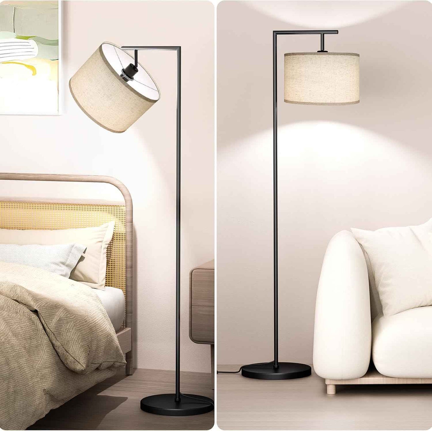 Adjustable Black Floor Lamp for Living Room - 3 Color Temperatures & Beige Linen Shade