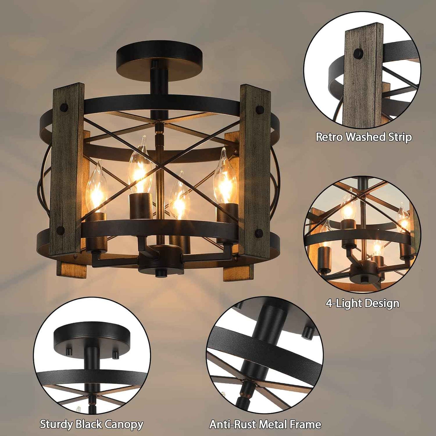 4-Light Rustic Farmhouse Semi Flush Mount Ceiling Light Fixture - Black Industrial Design for Kitchen, Dining Room, and Hallway