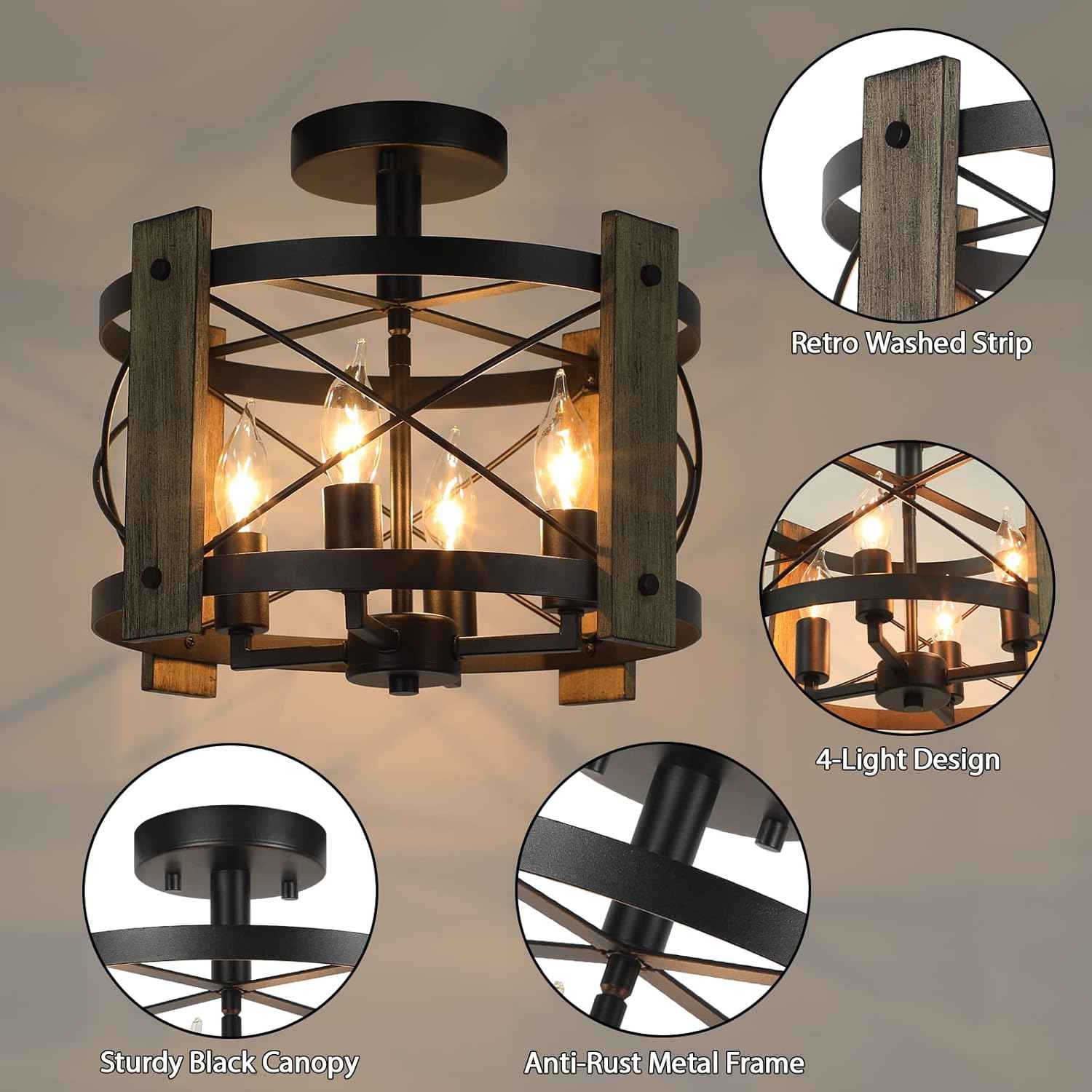 4-Light Rustic Farmhouse Semi Flush Mount Ceiling Light Fixture - Black Industrial Design for Kitchen, Dining Room, and Hallway
