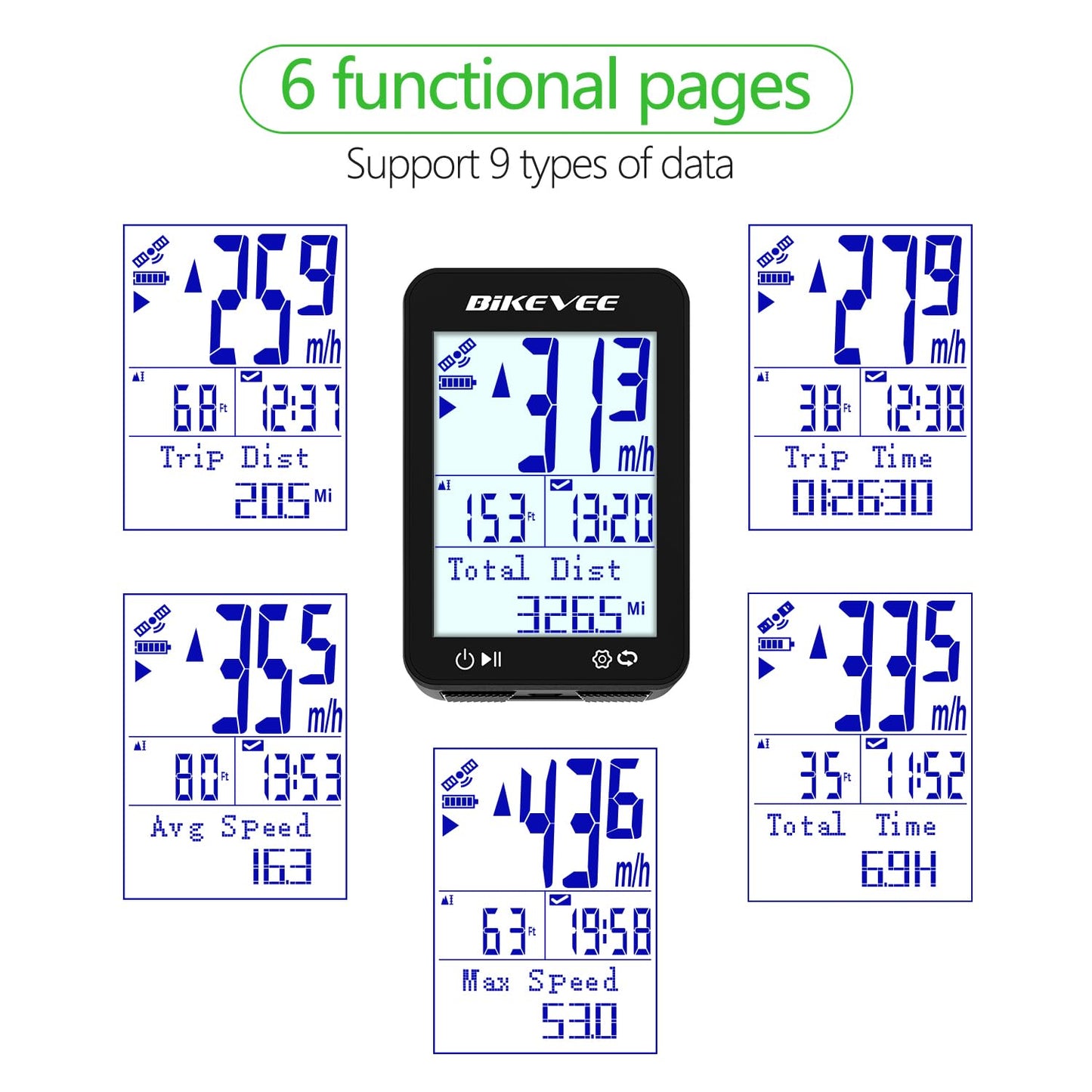 Bikevee GPS Speedometer & Odometer - Wireless Bike Computer, Auto Start/Stop, Auto Backlight, IPX7 Waterproof, 2.4" LCD, Cycling Tracker in MPH & KM/H - Black