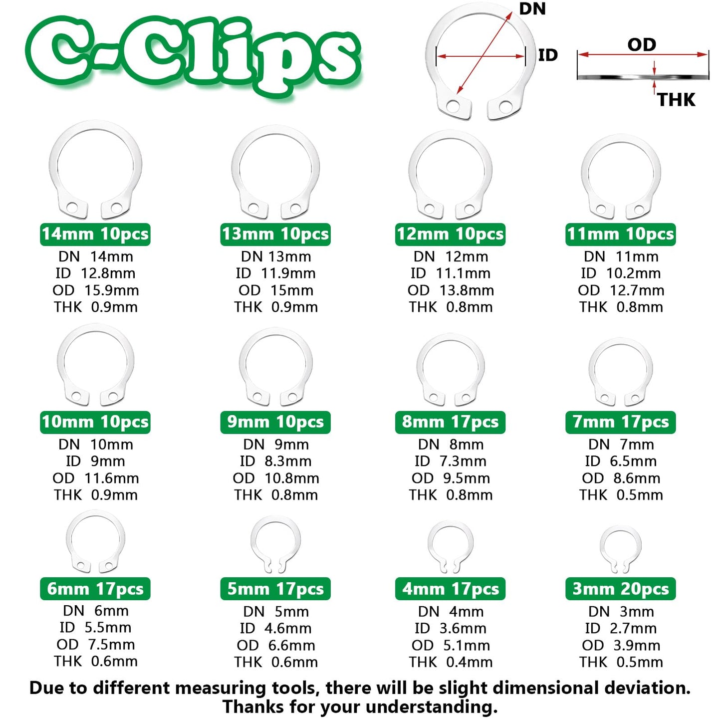 Aienxn 330PCS 304 Stainless Steel Snap Rings Assortment Kit, E Clips Assortment Kit (1.2MM-10MM) and C Clips Assortment Kit (3MM-14MM), 24 Sizes External Retaining Rings Circlip Snap Ring Kit