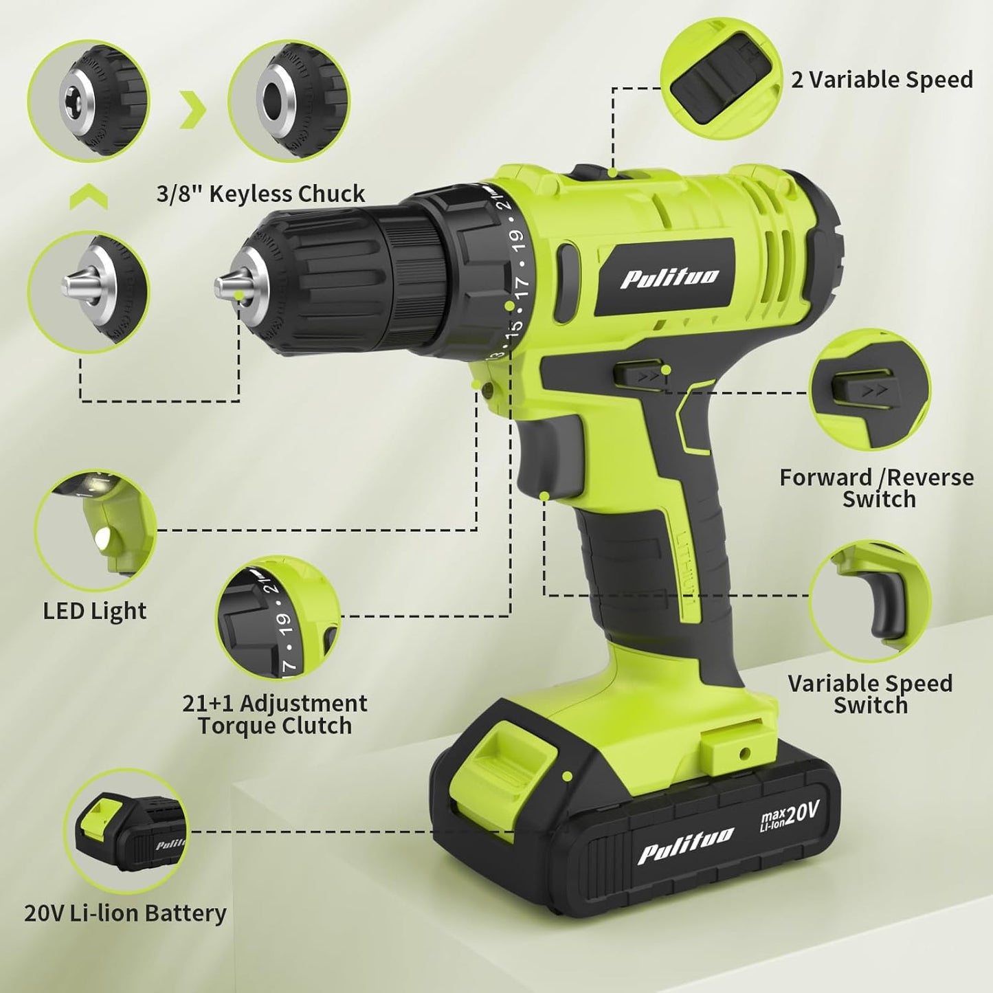 20V Cordless Drill/Driver Kit with 2 Batteries, 30Nm Torque & LED Light - PULITUO