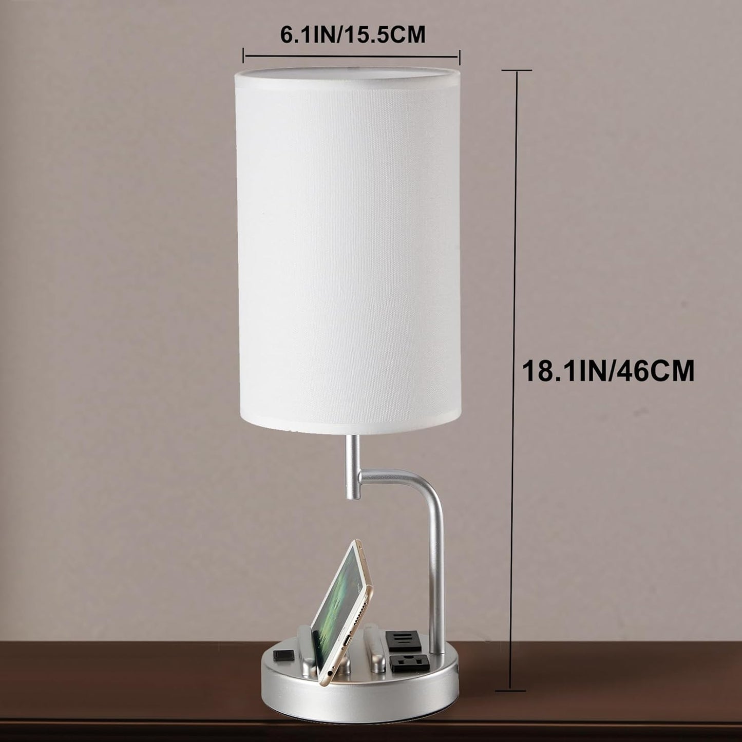 Modern Table Lamp with 3 USB Ports & AC Outlet - Set of 2 Bedside Desk Lamps in Silver