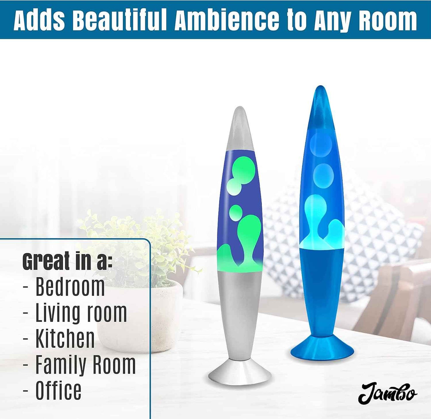 JAMBO 2-Pack 16" Liquid Lava Lamps - Silver & Blue Night Lights for Relaxation