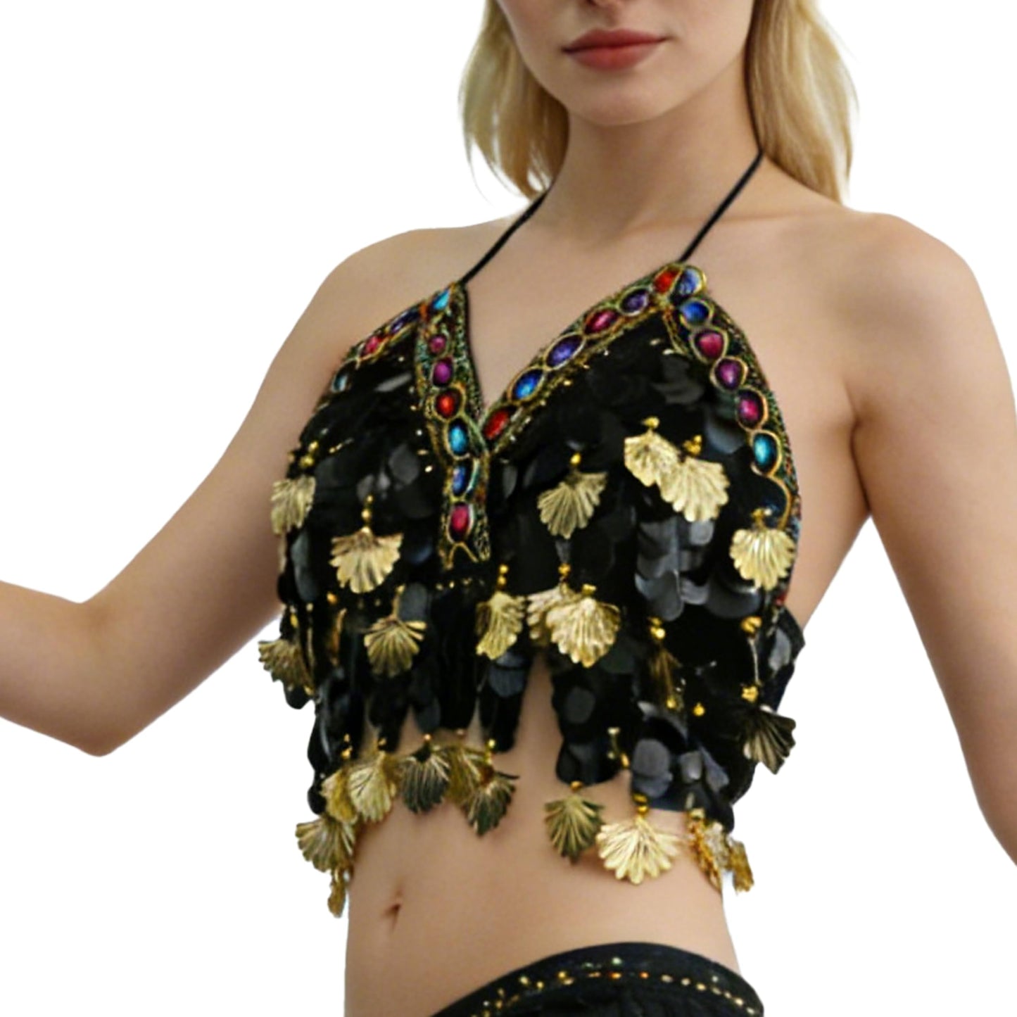 Wuchieal Sequin Halter Bra Tops Salsa Belly Dance Boho Festival Clubbing Tribal Bra Gold Shell Top (One Size, Black Coins Golden Shell)