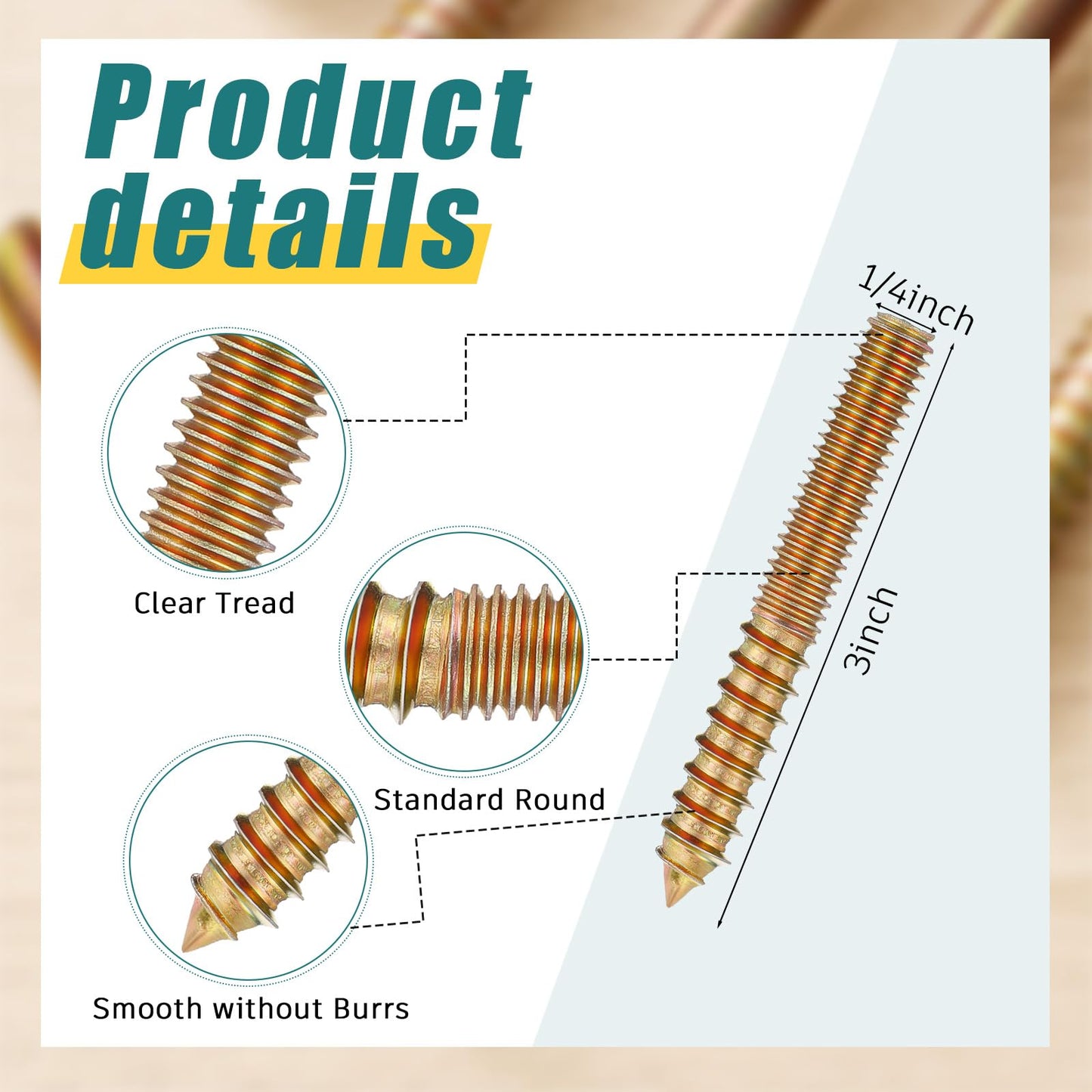 Hicarer 20 Pack 1/4-20 x 3 Inch Hanger Bolts Double Headed Bolts with Driver Self Tapping Screw Threaded Rod Screws for Furniture Double Headed for Wood Furniture Joint