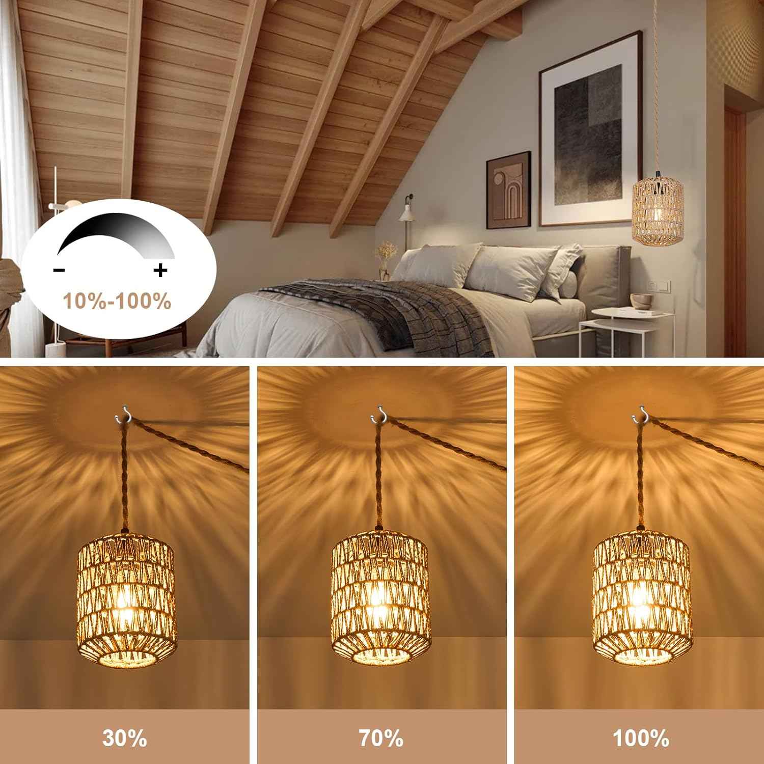 Boho Rattan Pendant Light with 3 Bulbs & 22ft Cord - Woven Hanging Chandelier for Bedroom, Kitchen, Hallway