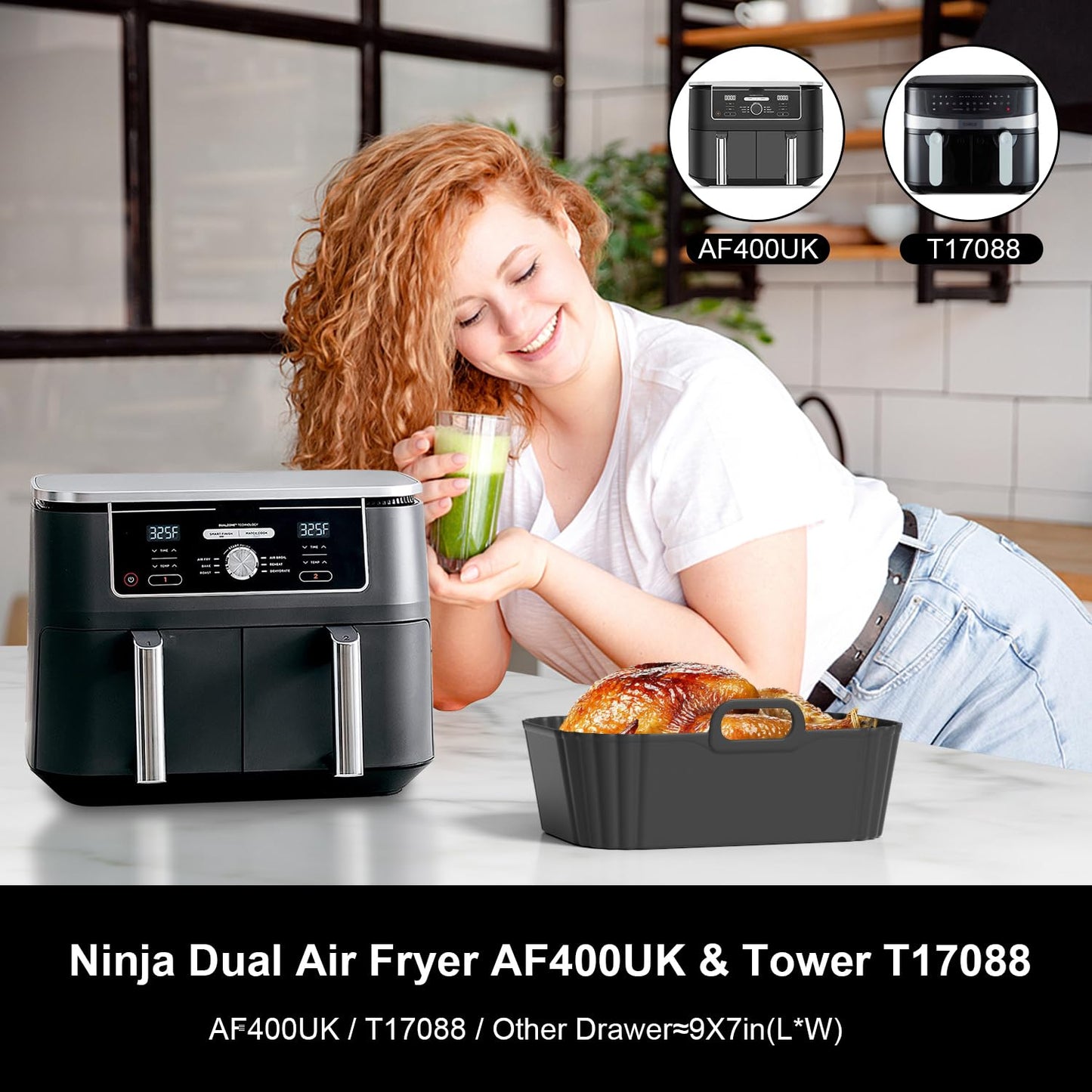 Masgarlan Silicone Air Fryer Liners 2 Pack, Reusable Compatible for Ninja Foodi DZ201, DZ401, DZ550, DZ302, COSORI 9QT, Chefman, Instant, and 6-in-1 8-10QT Dual Baskets