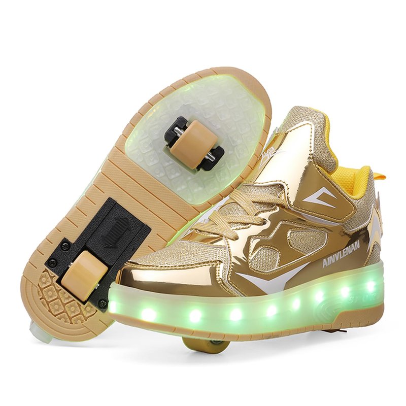 YTFCstep Roller Skate Shoes for Boys and Girls Kids LED Light Up Fashion Sneakers with Rechargeable and Detachable Wheels The Gift for Party Birthday Christmas Day,4 Big Kid,Gold