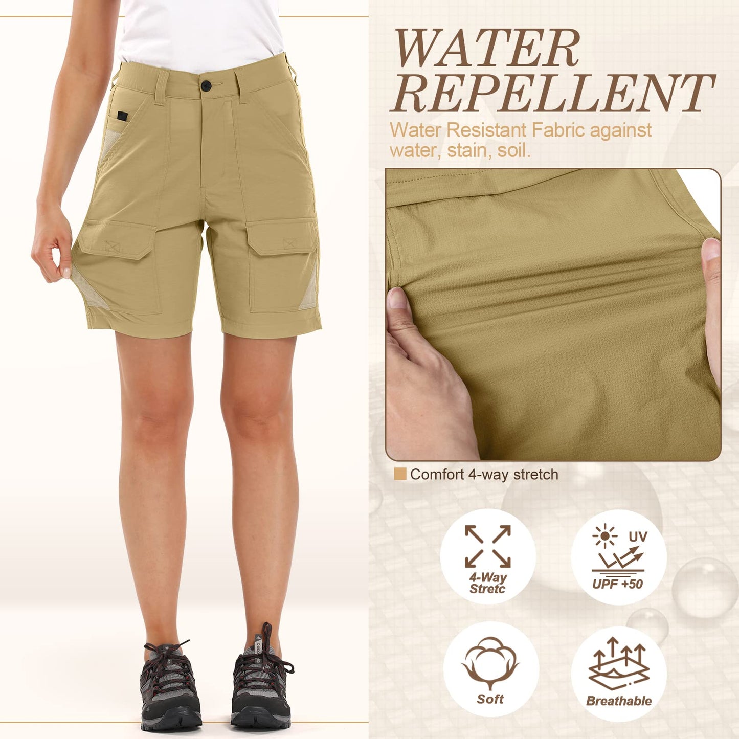 Jessie Kidden Womens Stretch Cargo Hiking Shorts Quick Dry Elastic Waist 7" Casual Shorts for Women Khaki
