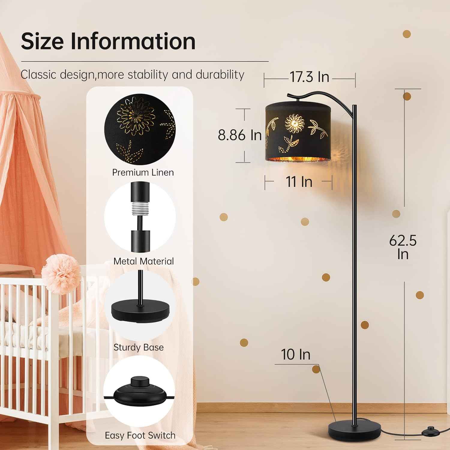 Modern LED Floor Lamp with Bohemian Linen Shade – Arched Tall Standing Light for Living Room & Bedroom