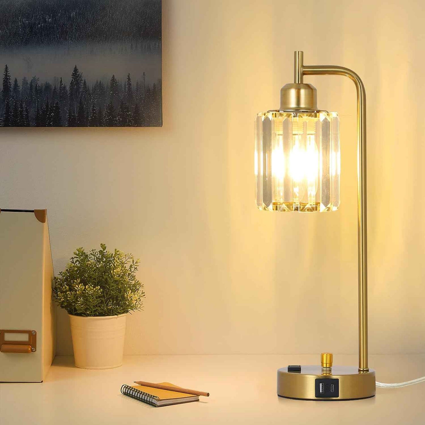 Modern Gold Crystal Table Lamps Set of 2 with LED Bulbs & USB Port - Elegant Bedside Lighting