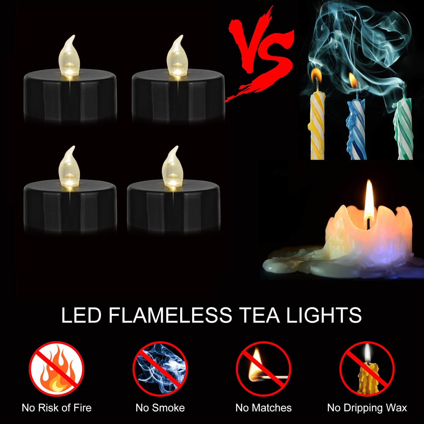 MINXIN Battery Operated Tea Lights Candles: 24 Pack Realistic and Bright Flickering Holiday Gift Flameless Candles LED Electric Tea Candles for Seasonal & Festival Party Home Decoration Black