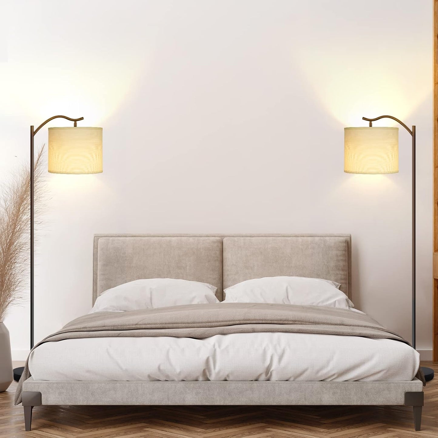 Modern LED Floor Lamp with Bohemian Linen Shade – Arched Tall Standing Light for Living Room & Bedroom