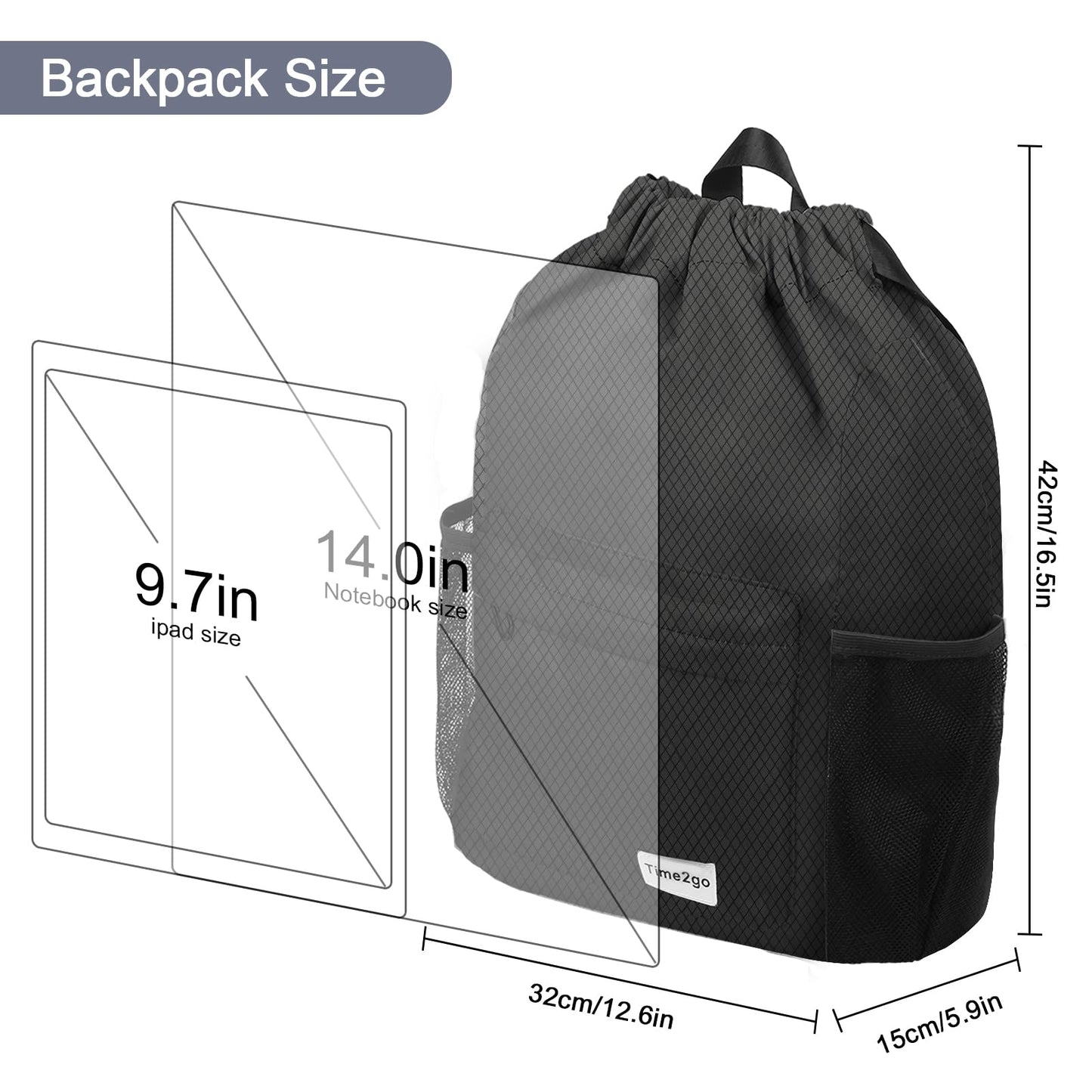 time2go Waterproof Drawstring Backpack Sports Gym Sackpack with Mesh Pockets Water-Resistant String Cinch Beach Bag for Men Women