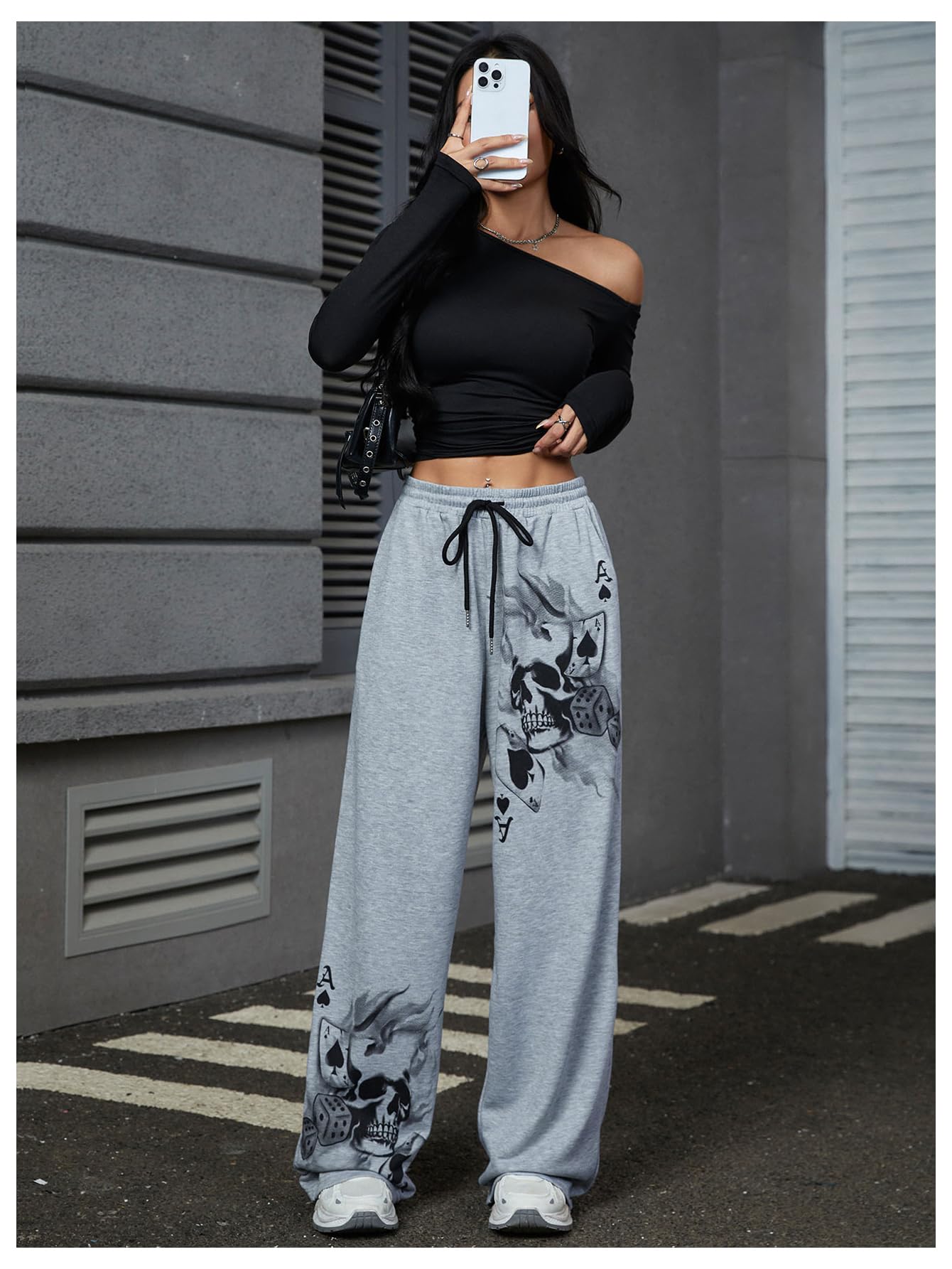SOLY HUX Women's Y2k Sweatpants Drawstring Waist Wide Leg Gothic Grunge Pants Streetwear Grey Graphic Small