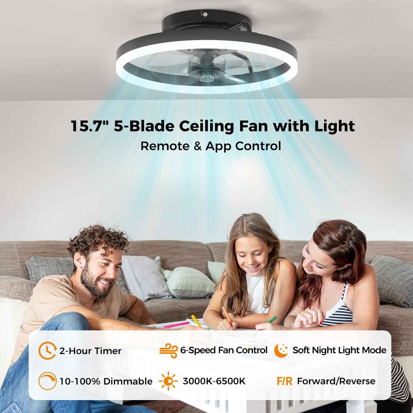 Aphyni Ceiling Fans with Lights and Remote, 15.7" Black Low Profile Ceiling Fan, Modern Flush Mount LED Fan Light, 6 Wind Speeds Fandelier Ceiling Fan with Light for Bedroom, 3000-6500K Dimmable