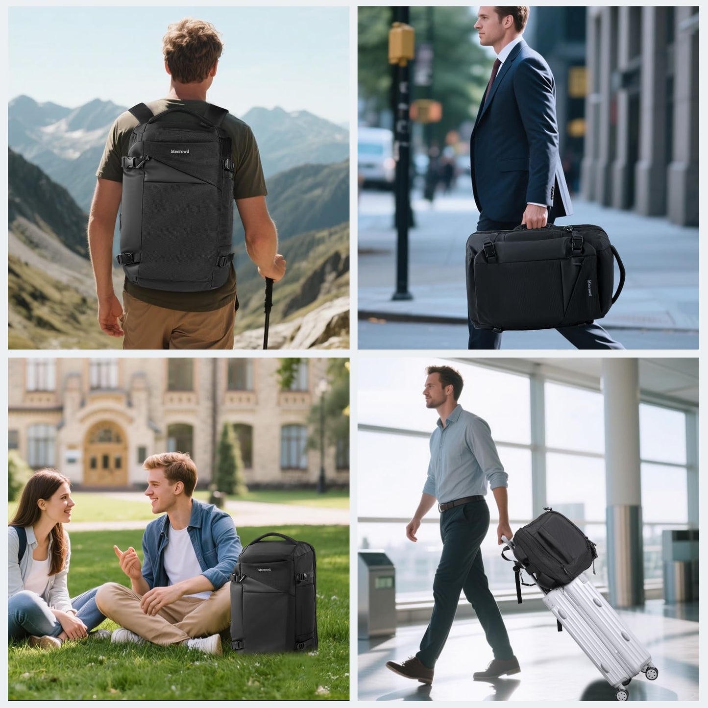 Mecrowd Large Travel Backpack for Men 40L, Carry On Backpack TSA 17.3 Inch Laptop Mochila Flight Approved, Large Business Daypack Waterproof,Carry on bag Weekender College for Men Women, Black