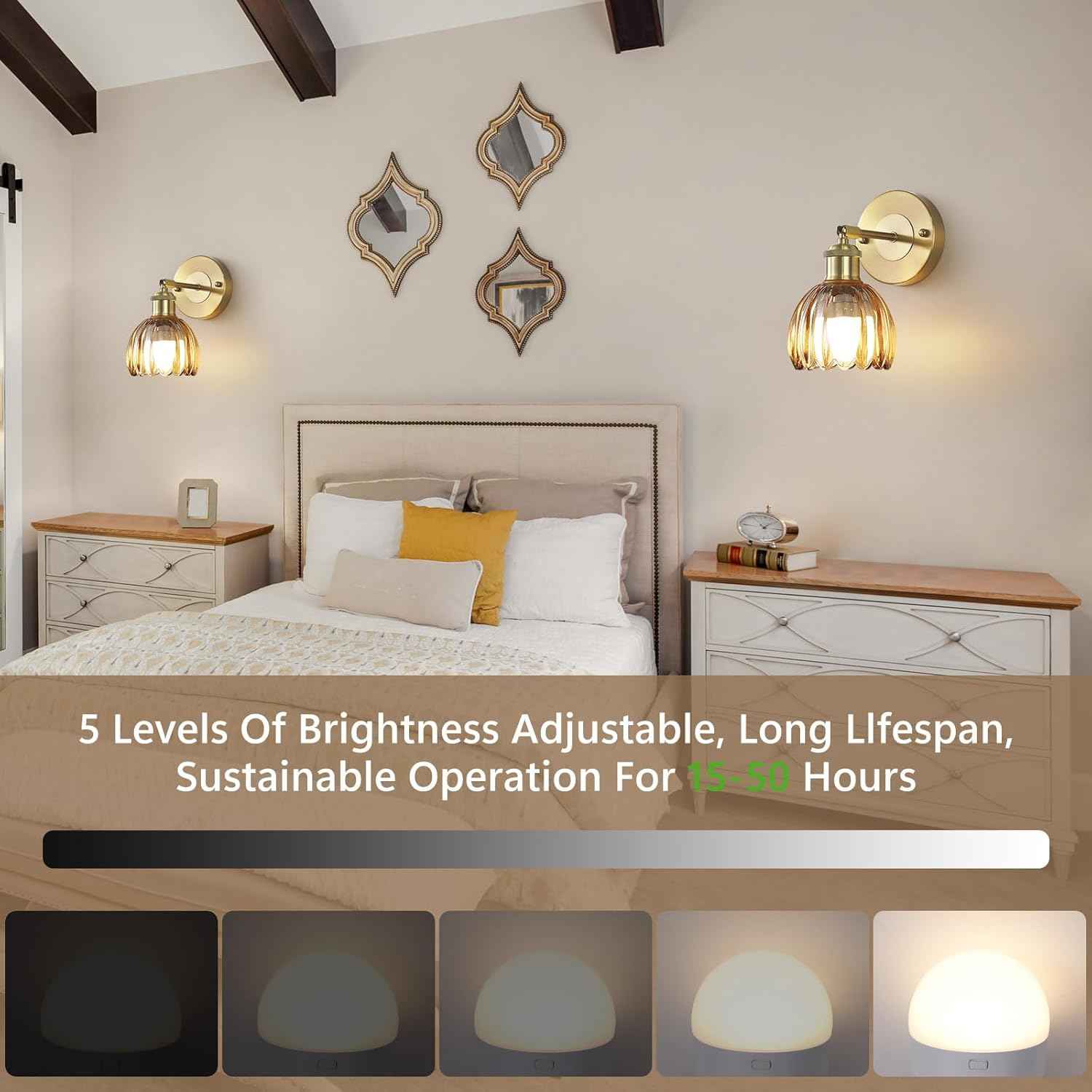 Rechargeable Vintage Wireless Wall Sconces - Gold LED Tulip Glass Lamps with Remote Dimming for Bedroom & Living Room