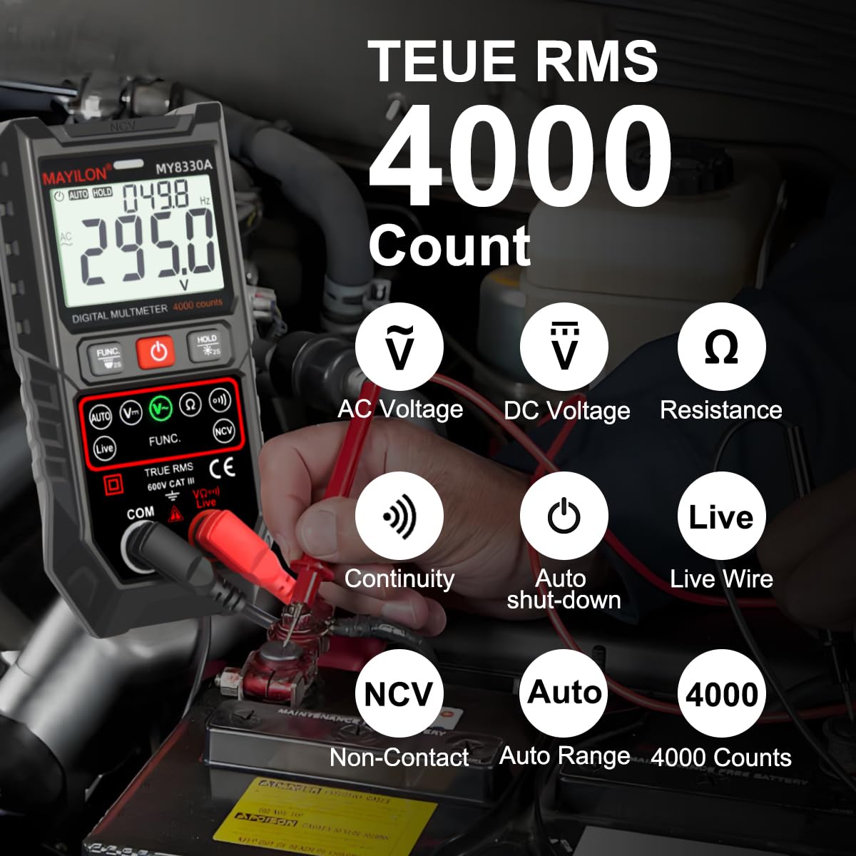 Digital Multimeter TRMS 4000 Counts Multimeter DC AC Voltage Tester Auto-Ranging Voltmeter Amp Meter NCV Live Wire Resistance Continuity Temp for Auto/Home/Electrical MY8330A