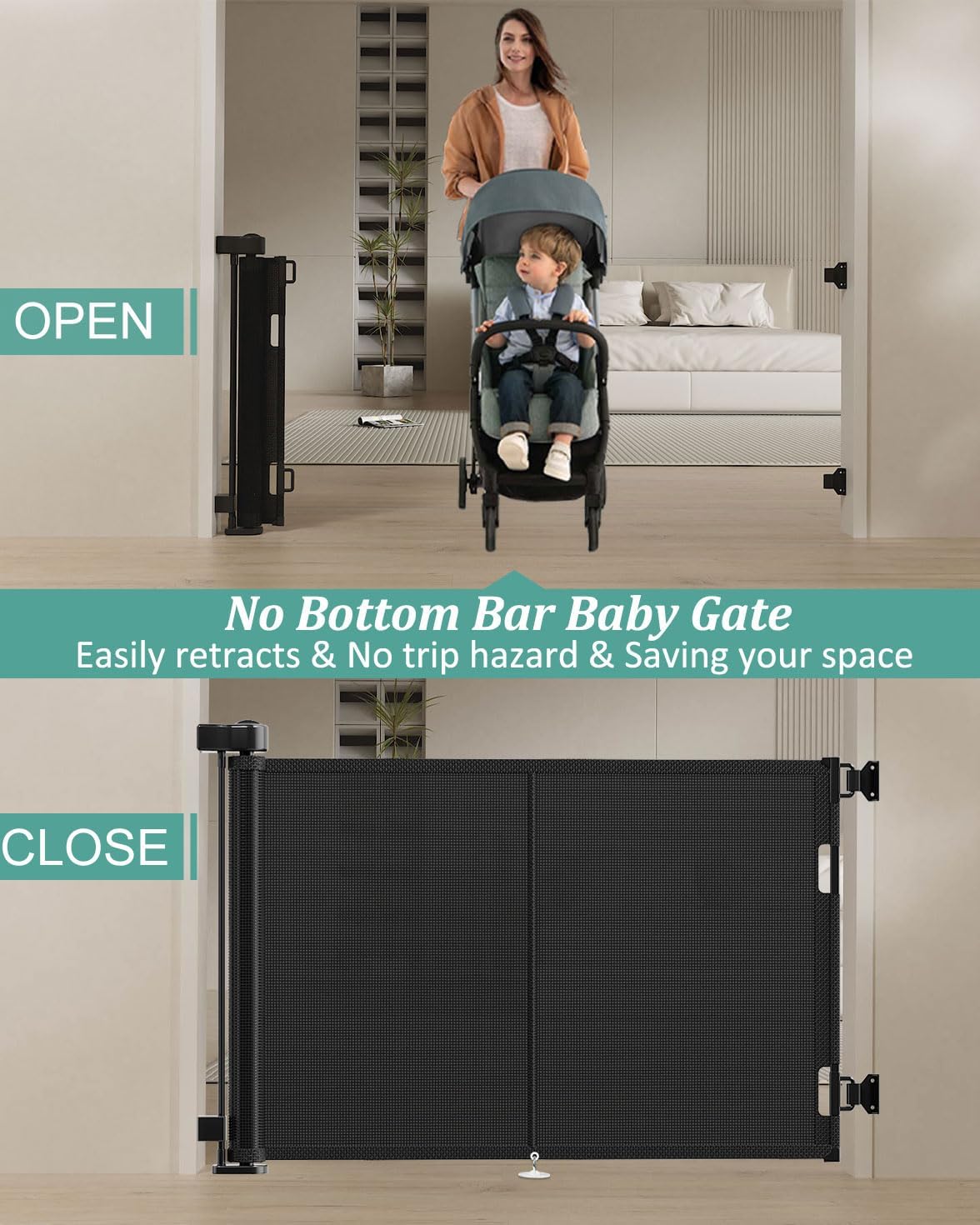 59-Inch Retractable Baby Gate - 34-Inch Tall, Reinforced Design for Stairs & Doorways