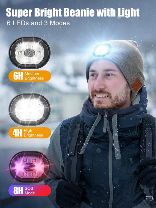 UNBON Valentines Day Gifts for Him, Valentine Gifts for Men, Mens Gift Cool Gadgets, LED Bluetooth Beanie with Light for Men Grey