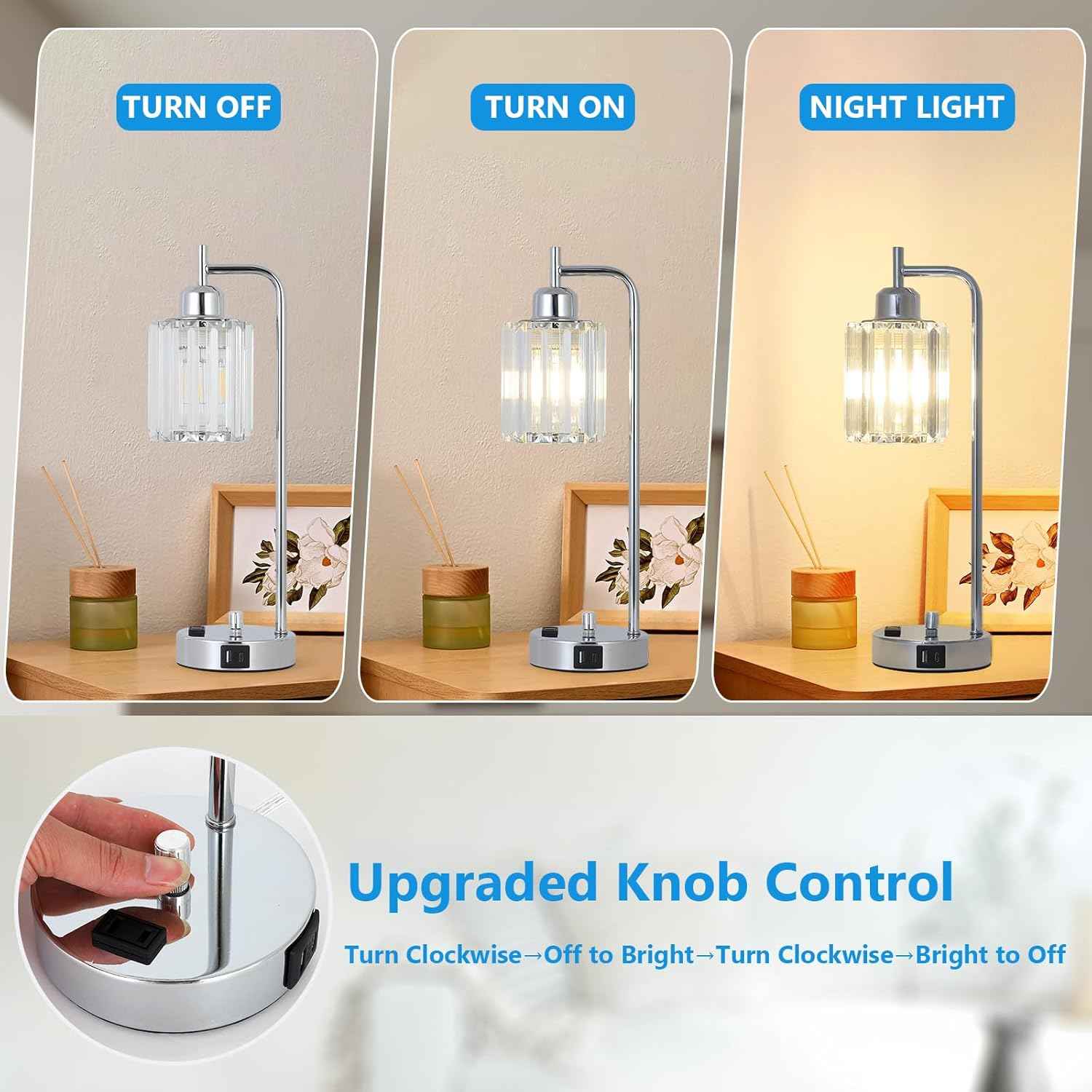 Modern Gold Crystal Table Lamps Set of 2 with LED Bulbs & USB Port - Elegant Bedside Lighting