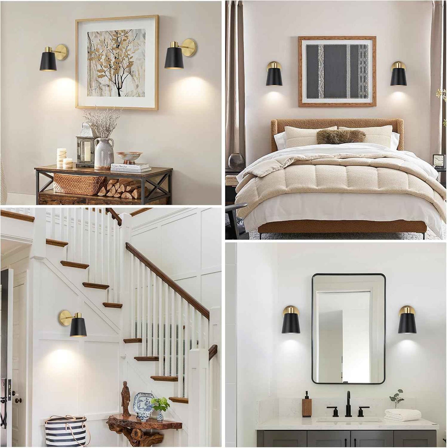 Battery Operated Wall Sconce Set of 2 - Modern Wireless Vintage Black & Gold Lamps with Remote Control for Living Room & Bathroom