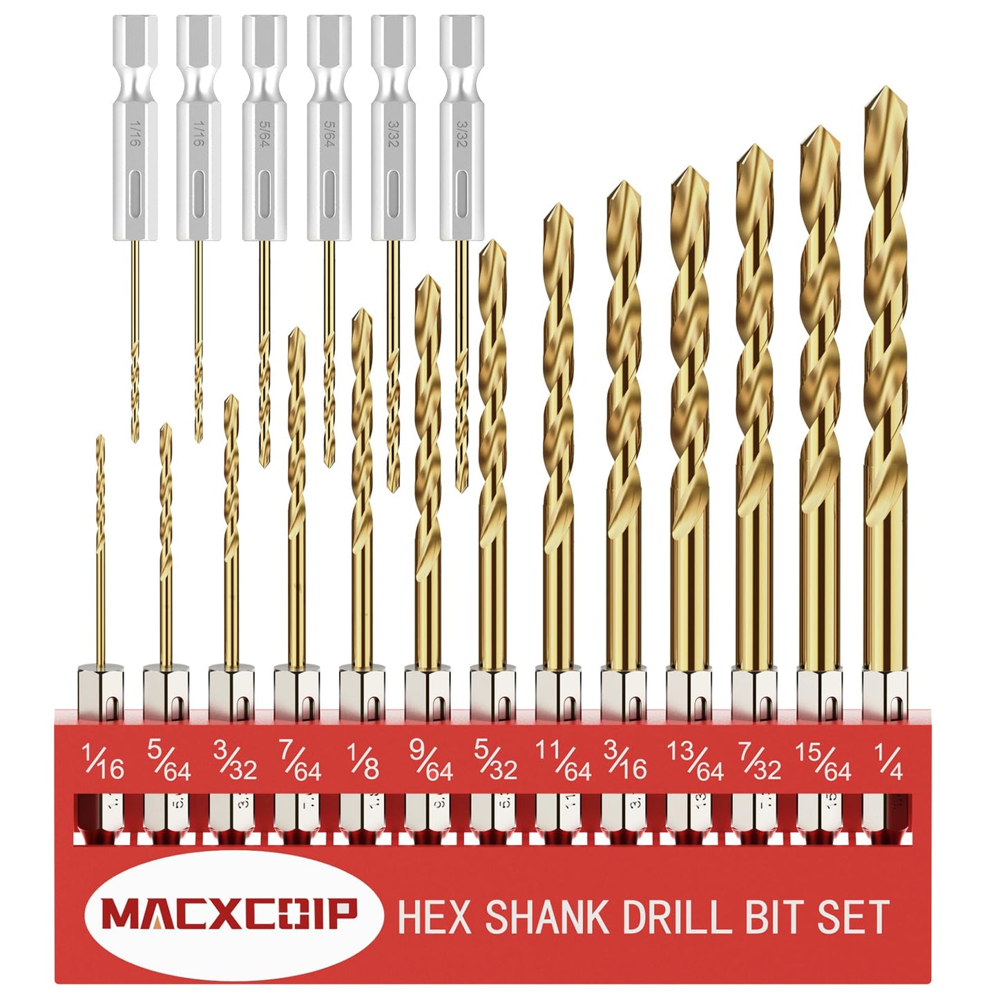 Hex Shank Drill Bit Set, 19Pcs Titanium Twist Drill Bit for Sheet Metal, Wood, Plastic, Quick Change Design (1/16" - 1/4")
