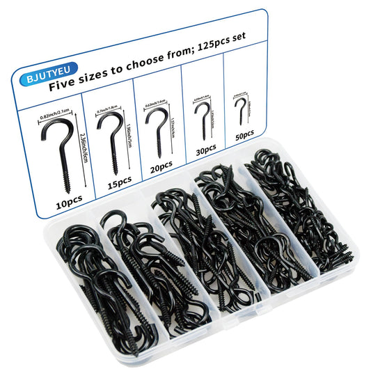 BJUTYEU 125 Pieces of Screw Cup Hook Set 5 Sizes Ceiling Small Hooks Wardrobe Decoration Hanging Accessories for Hanging Outdoor or Indoor use (0.98" 1.41" 1.57" 1.96" 2.36") (Black)